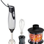 Hamilton Beach - Multiprocesadora eléctrica 4 en 1, con varilla licuadora, batidora + cuenco picador de alimentos y verduras de 3 tazas, 2 velocidades, 225 vatios, plata y acero inoxidable