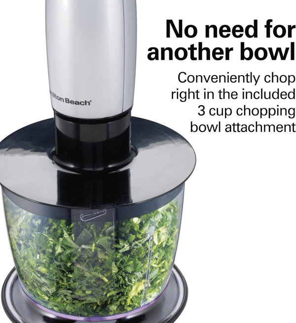 71vZCRJUdcL._AC_SL1500_.jpg Hamilton Beach - Multiprocesadora eléctrica 4 en 1, con varilla licuadora, batidora + cuenco picador de alimentos y verduras de 3 tazas, 2 velocidades, 225 vatios, plata y acero inoxidable - Imagen 3