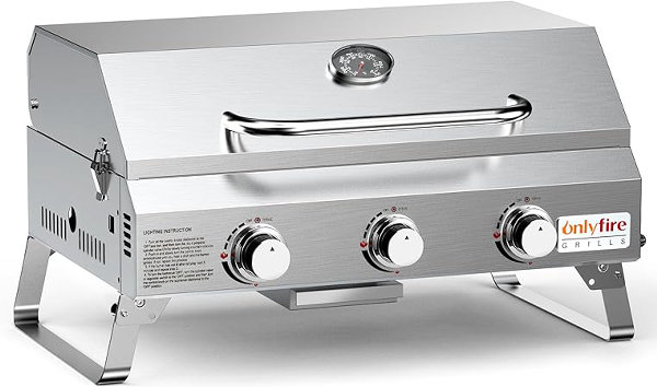 71JiO7RphnL._AC_SY450_.jpg Parrilla de gas de mesa de 3 quemadores, parrilla de propano portátil de acero inoxidable con patas plegables para patio al aire libre, campamento, portón trasero, viaje en caravana - Imagen 3