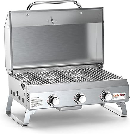 812F4Naxr7L._AC_SY450_.jpg Parrilla de gas de mesa de 3 quemadores, parrilla de propano portátil de acero inoxidable con patas plegables para patio al aire libre, campamento, portón trasero, viaje en caravana - Imagen 1