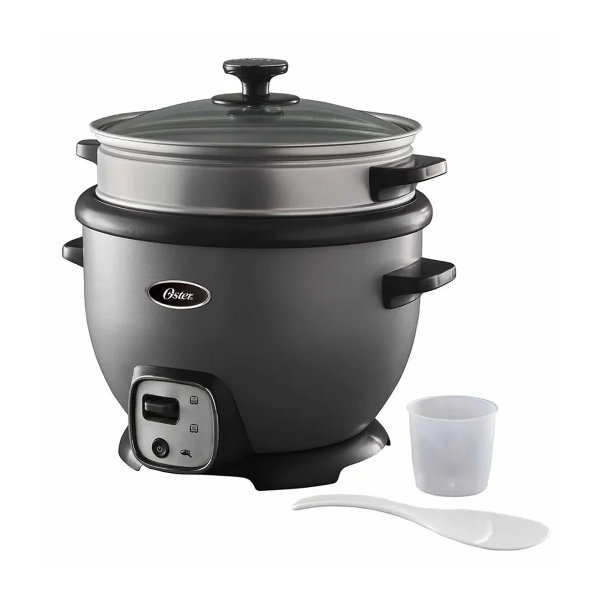 Oster Olla arrocera multiusos - 10 tazas - función de sofrito - olla extraíble con recubrimiento antiadherente - tapa vidrio refractario con ventilación para evitar cocción excesiva  - botón de un solo toque - incluye taza medidora de 180ml y cucharón para servir - 700W - Imagen 1