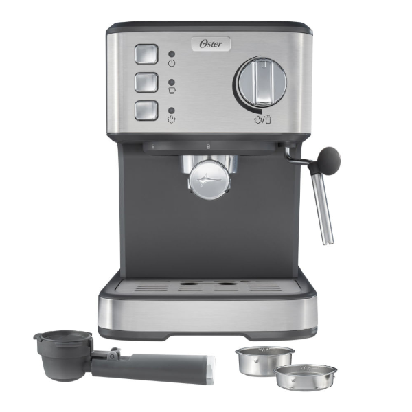Oster Cafetera Espresso Compacta  BVSTEM5502, 15 Bares de Presión, Prepara 2 Tazas, con Vaporizador y Accesorios, Acero Inoxidable - Imagen 2