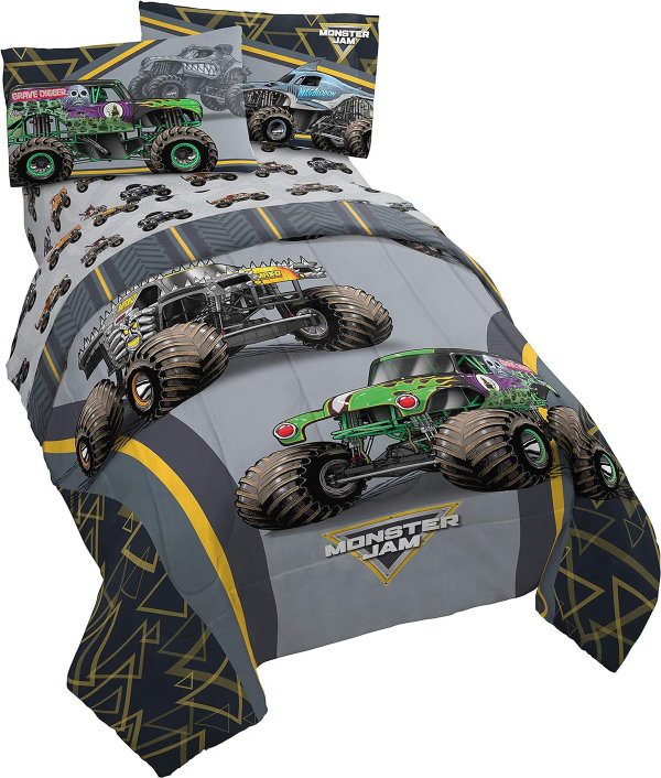 Edredon franco Monster Jam MJ Life - Juego de ropa de cama matrimonial de 5 piezas, incluye edredón reversible y juego de sábanas, con Grave Digger, Max-D, Megalodon, microfibra súper suave - Imagen 1